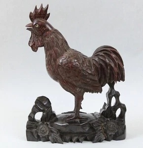 Chinese Vintage 11.5” Hand Carved Wood Rooster Figurine Sculpture w/Glass Eyes - Picture 1 of 15
