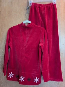Hanna Andersson Girls 10-12 Red Velour Pant/Top Set Embroidered Snowflake Comfy - Picture 1 of 11