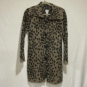 Chicos Leopard Cardigan Sweater Womens 0 SMALL Wool Brown Long Sleeve Long - Picture 1 of 7