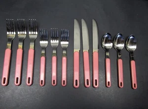 Vintage Stainless Silverware w/ Pink / Coral Plastic Handles 12 Pc's / 3 Sets - Picture 1 of 4