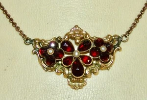 Collier - Kette Granat und Saatperlen Biedermeier 19. Jh. Schaumgold vergoldet - Bild 1 von 13