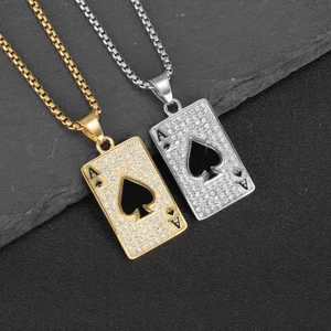 Iced Out Negro A Poker Colgante Collar Cadena Acero Inoxidable para Hombres Hip Hop - Imagen 1 de 9