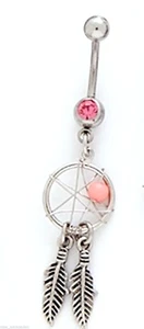 Belly Ring Dream Catcher Traditional Feathers w/Pink Gem Dangle Naval Steel - Picture 1 of 3
