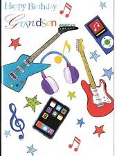 BIRTHDAY CARD TO GRANDSON - BLANK INSIDE - GUITARS, HEADPHONES, MUSIC. STARS