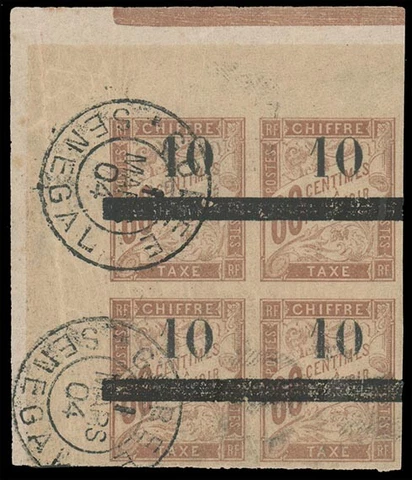 SENEGAL 1903 10c on 60c BROWN BLOCK OF FOUR WITH TWO MINT AND TWO USED #J2 left Cover