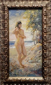 Niels Peter Nielsen- Nude Female Bather at the beach-1930s Oil Painting - Picture 1 of 9
