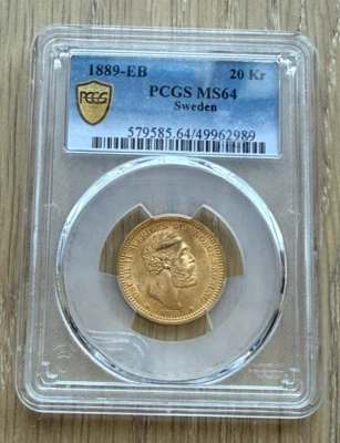 Sweden 1889 EB Gold 20 Kronor PCGS MS64 Oscar II - Image 1 of 2