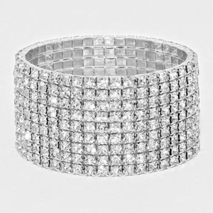 Wide Rhinestone Stretch Bracelet 9 Rows SILVER Crystal Evening Event Pageant  - Picture 1 of 1