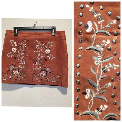 Minifalda bordada de sauce y arcilla marrón M cuero floral forrada bohemia Foto 1 de 4