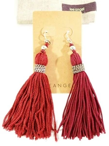 Lee Angel Women's Burgundy Tassel Antique Silver Chain Drop Earrings NWT 98 - Picture 1 of 4