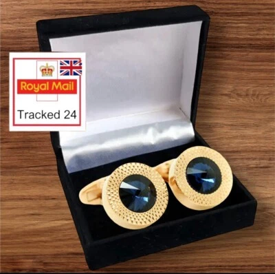 MENS LUX SAPPHIRE BLUE CUFFLINKS Wedding Gift ROSE GOLD SET CRYSTAL BOXED UK - Image 1 of 4