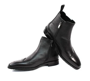 Men's Exclusive Genuine Leather Black Wing Tip Chelsea Boots With Zipper AZAR - Picture 1 of 8