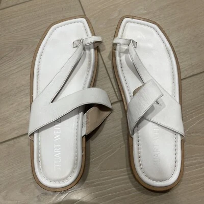 Stuart Weitzman Womens  Sandal White Slide Flats Silver Buckle Size 10 B US - Image 1 of 3
