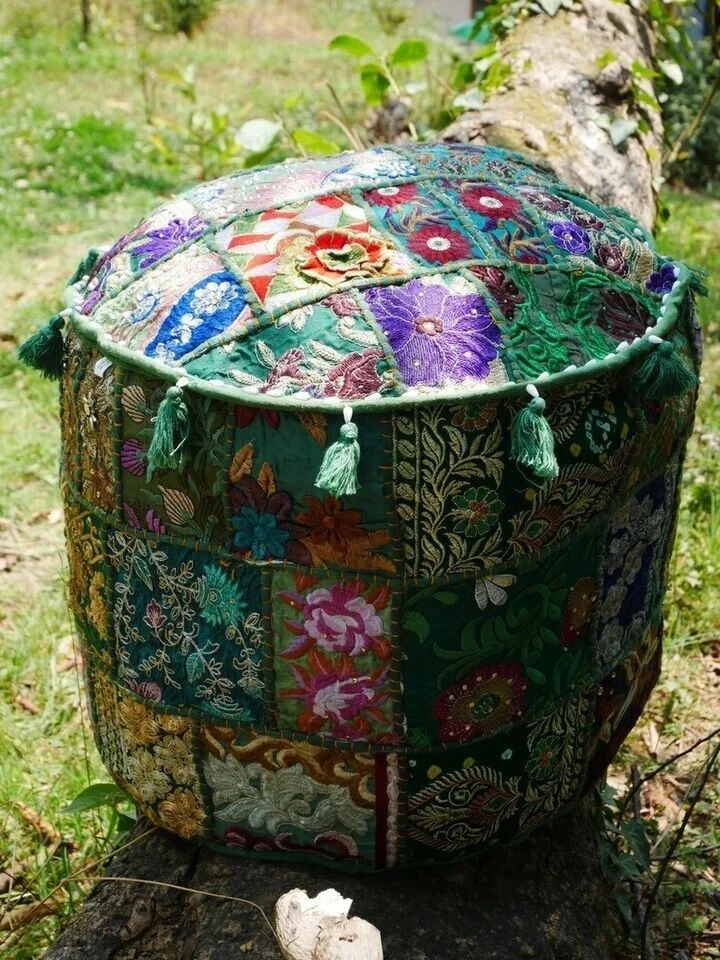 Indian Green Round Pouffe Cover Vintage Cotton Footstool Ottoman Patchwork AU - Image 1 of 4