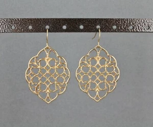 gold earrings dangle cut out filigree scroll oval teardrop 2" long - Picture 1 of 10