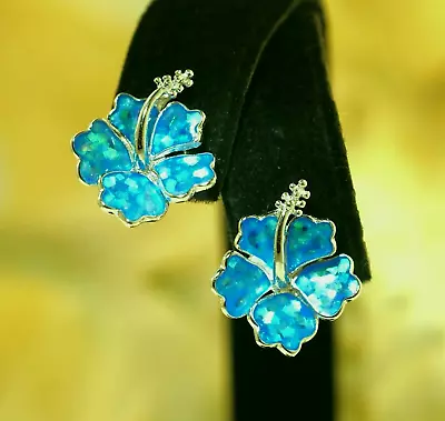 PENDIENTES POSTE HIBISCO HAWAIANO ÓPALO CON INCRUSTACIONES DE PLATA ESTERLINA 925 RODIO 14,5 MM Foto 1 de 4