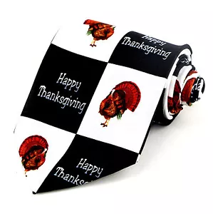 Cravatta da uomo Happy Thanksgiving Turkeys cravatta da collo nera a scacchiera - Foto 1 di 3