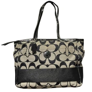 Bolso de Mano COACH F19202 Signature Rayas Lurex Grande Pañal Bebé Cartera Borde Negro - Imagen 1 de 24