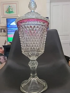 Vintage Indiana Glass Diamond Point Ruby Banded Chalice 15 3/4” Candy Dish - Picture 1 of 9