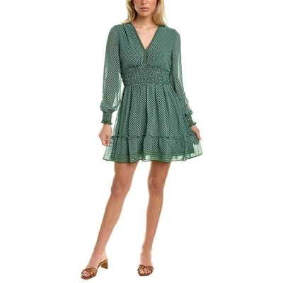 Max Studio Green Print Long Sleeve Smocked Waist Tiered Mini Dress Size Large - Image 1 of 4