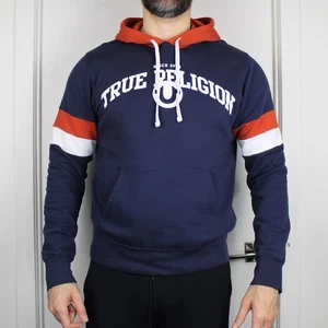 Sudadera con capucha True Religion XL azul naranja blanco a rayas deletreada 100 % algodón para hombre - Imagen 1 de 12