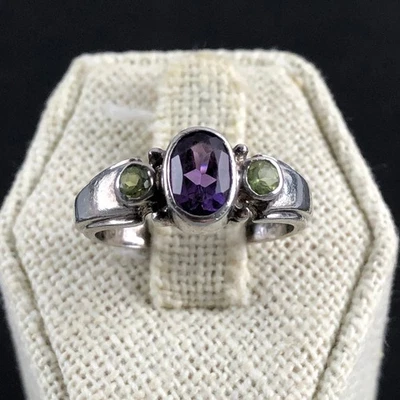 Sterling Silver, Purple Amethyst and Green Peridot Stackable Ring / Size 7 / SJ - Image 1 of 4