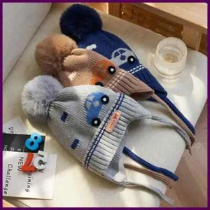 Winter Baby Boy Hat with Earflap Fur Ball Knitted Kids Beanie Caps Toddler Bonne - Picture 1 of 28