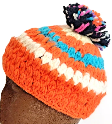 Vintage Hand Knitted Hat Orange White Blue Pom Pom Handmade Retro Beanie Cap - Image 1 of 4