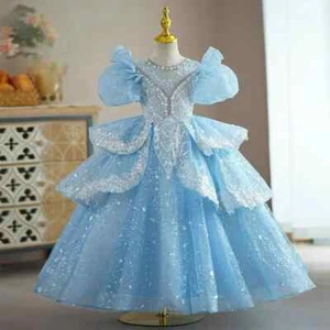 Elegant girl long sequins dressblue performance clothing lace banquet night Gown - Picture 1 of 14