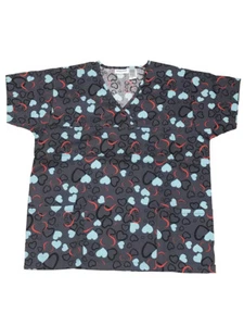 Life Line Women Fashion Medical Nursing Scrub Tops Printed Yoke Black Heart L - Picture 1 of 2