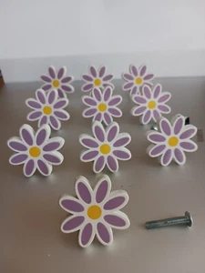 Vtg Metal Enamel White/Purple Flower Drawer Knobs Handles Pulls - Set of 10 - Picture 1 of 4