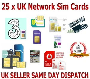 25 x UK Network Sim Cards O2 EE Vodafone Three Lyca Lebara Giffgaff Bulk Joblot
