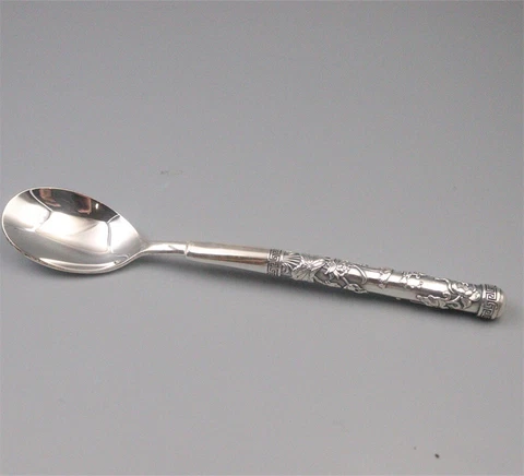 Pure S999 Fine Silver 999 Men Women Lucky Lotus Spoon 48-49g 6.2inch Cover