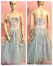 Vtg 1950’s Tulle Strapless Prom Dress Pale Orchid Powder Blue Lace Overlay Skirt