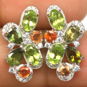 Green Peridot, Sapphire, Diopside & Cubic Zirconia Earrings 925 Sterling Silver - Picture 1 of 4