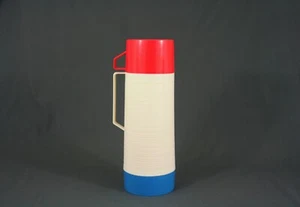 Vintage Aladdin 1 Quart, rot, weiß und blau Dura-Clad Thermosflasche - Bild 1 von 5