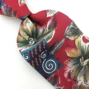 Oscar de la Renta Couture Usa Made Tie Red Green Gray Swirl Floral #I21 Vintage - Picture 1 of 4
