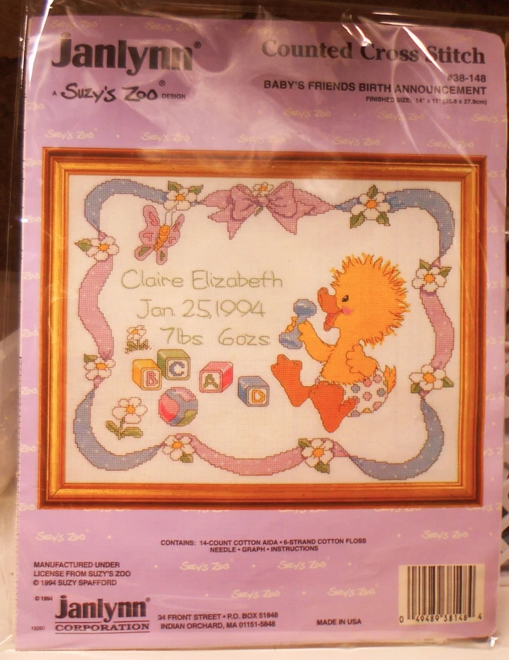 Janlynn Baby Friend's Birth Announcement Cross Stitch Kit Suzys Zoo 14 X 11