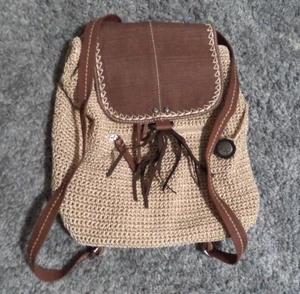 The SAK  Beige Brown Crochet Shoulder Bag Purse Double Shoulder Straps Backpack - Picture 1 of 17