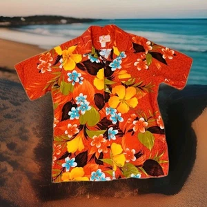 Vtg 1970's Sears Hawaiian Fashions Button Up Shirt Tropical Orange Yellow Blue - Picture 1 of 9