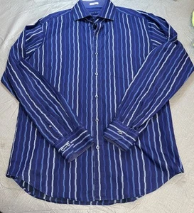 Bugatchi Uomo Men's Dress Shirt Shaped Fit Medium Blue Stripe Pattern - Picture 1 of 18