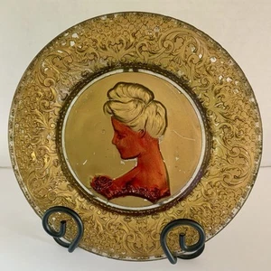 Antique Goofus Glass 8.5” Plate Gold Red Woman in Profile Unusual - Imagen 1 de 3