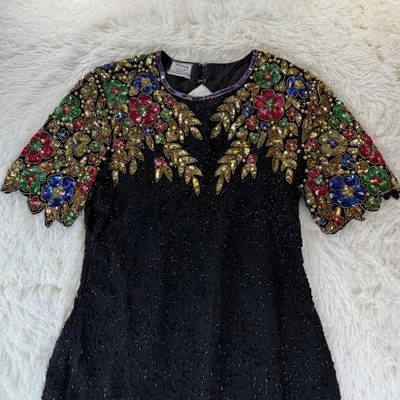 Sténay Vintage Black Silk Beaded Sequin Dress XS Cocktail Party Glam Retro - Image 1 of 4