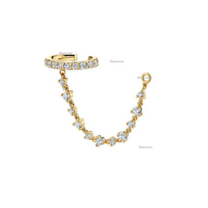 Natural Diamond Ear Cuff & Connected Tennis Chain Jacket Earring 14k Yellow Gold