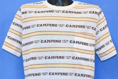 复古 70 年代 LETS GO CAMPING STRIPE POCKET AOP ALL OVER 印花 T 恤 L 码 — 第 1/3 张图片