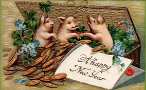 Gold vergoldete Schweine mit Goldmünzen & vierblättrigen Kleeblättern Vintage Schwein Postkarte - Bild 1 von 2