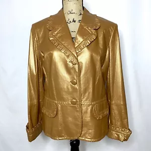 Chaqueta de Cuero St. John Lamb 12 Bronce Marrón Botones Volantes Frontales - Imagen 1 de 10