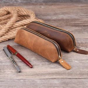 Vintage Pencil Pouch Pen Holder Handmade Genuine Cow Leather Pen Case Bag Zipper - Picture 1 of 10