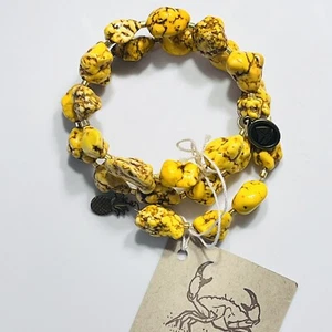 Yellow Faux Turquoise Freeform Nugget Shape Beaded Wrap Bracelet Brass Spacers - Picture 1 of 12