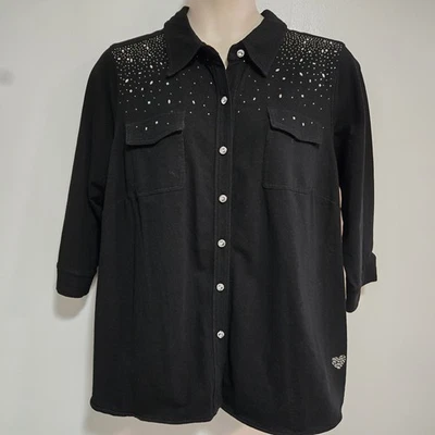 Dream Jeannes Quacker Factory 2X Jacket Shirt Black Rhinestone Studded NEW - Image 1 of 4